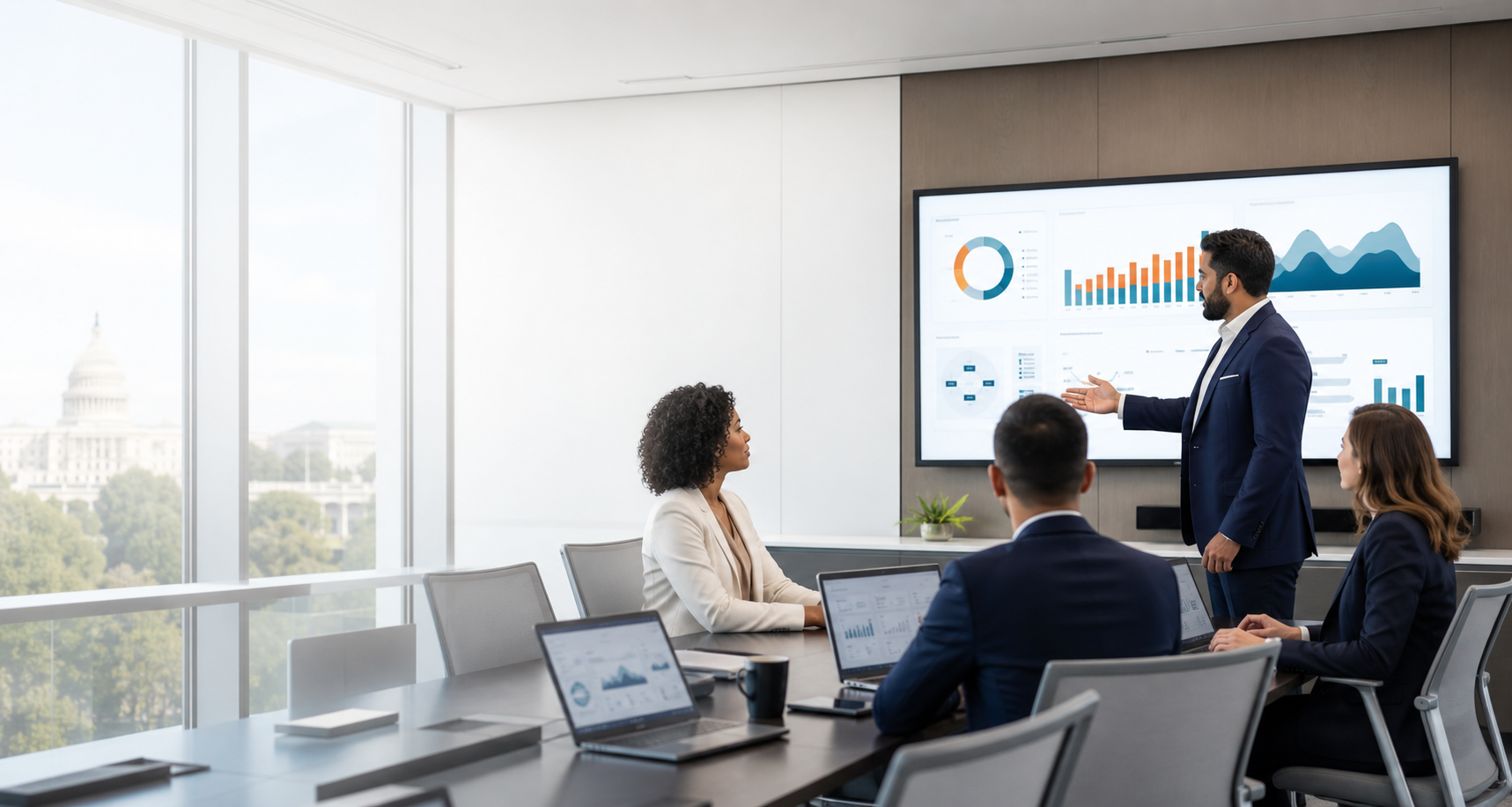 Professional technology consulting team reviewing dashboards in a modern conference room